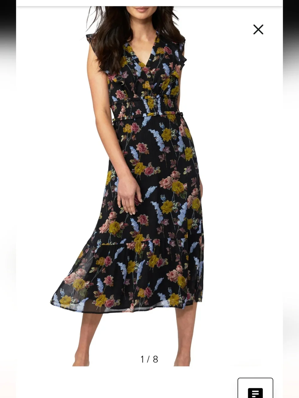 PAIGE Katharina Silk Floral Midi Dress Black Multi Smocked Waist Small‎